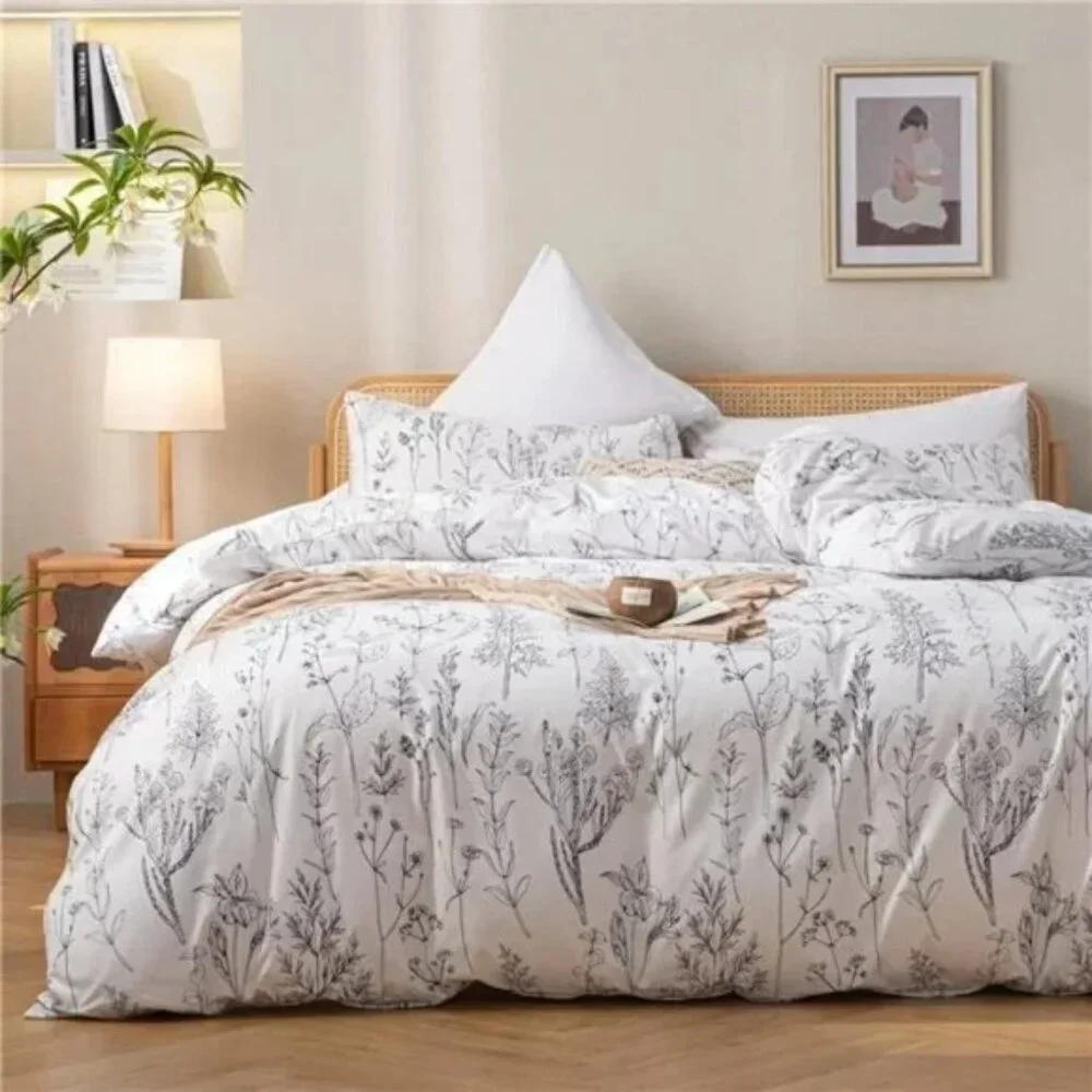 3pcs White Comforter Set,Soft Microfiber Bedding Plant Flowers Printed Comforter